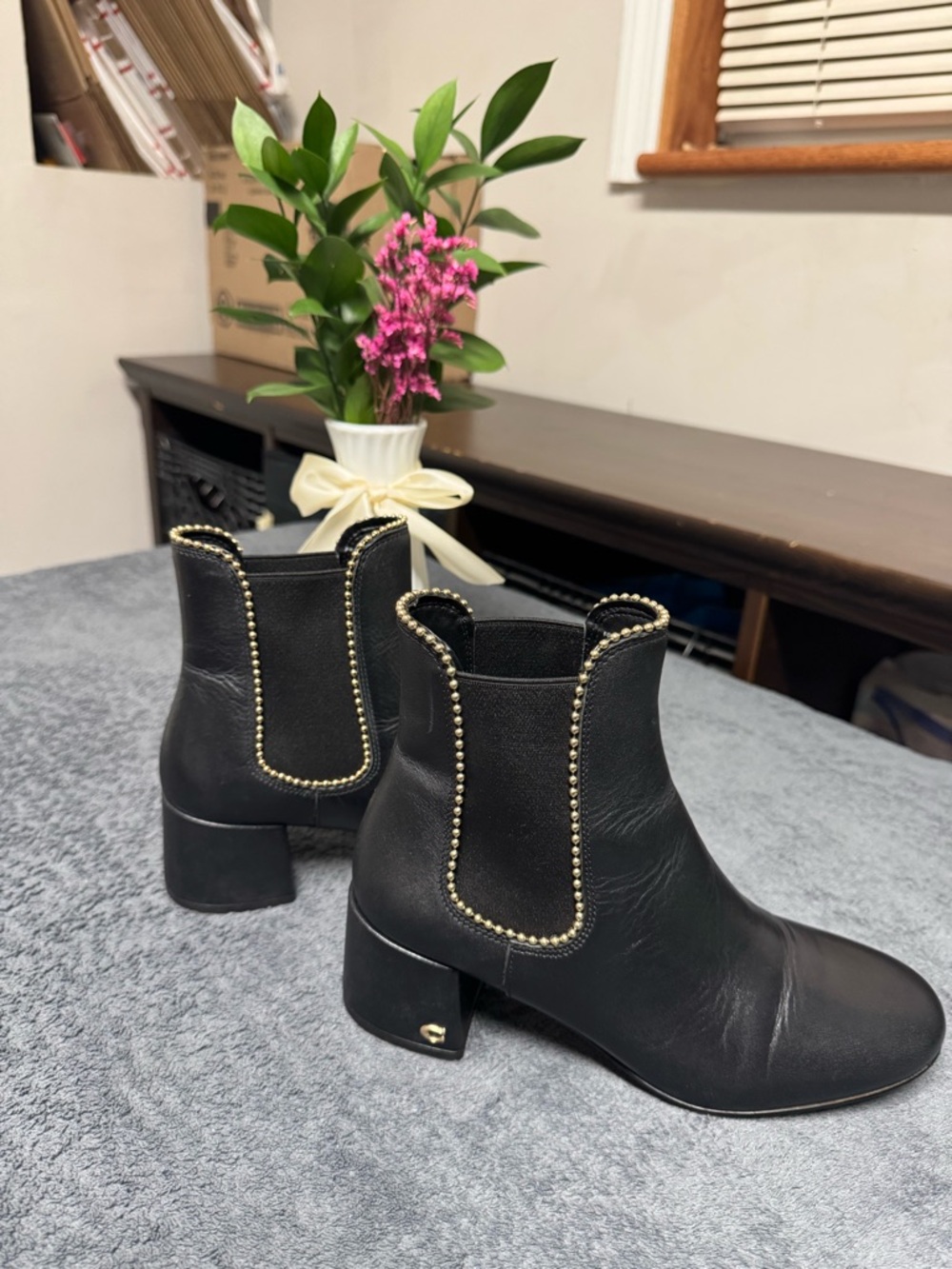 Coach Black Ankle Booties with Gold Bead Trim